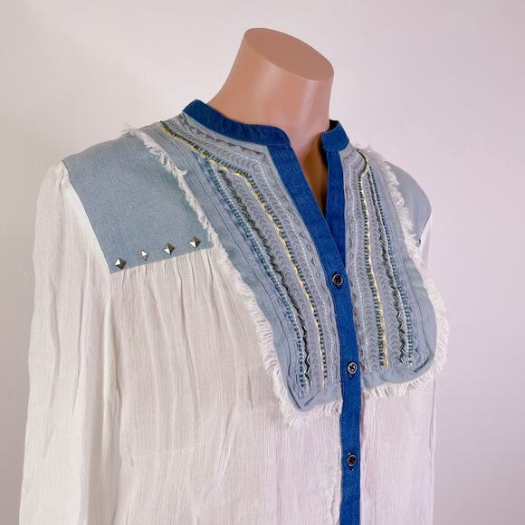 Desigual Western Rodeo Country Gauze Denim Fringe Sleeve Boho Top White S NWT - Picture 4 of 11